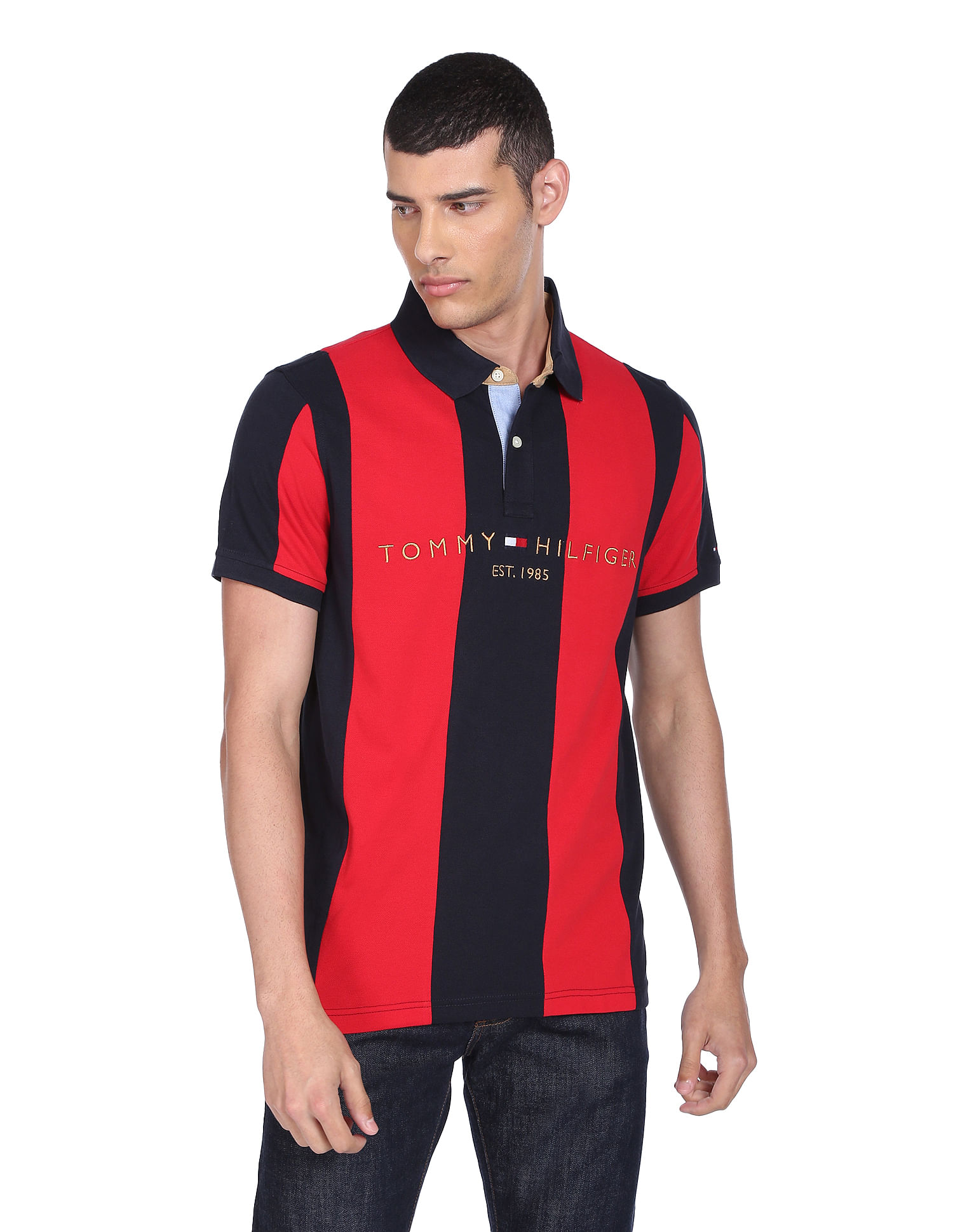 Tommy Hilfiger Men Navy And Red Caldwell Pure Cotton Vertical Stripe Polo Shirt