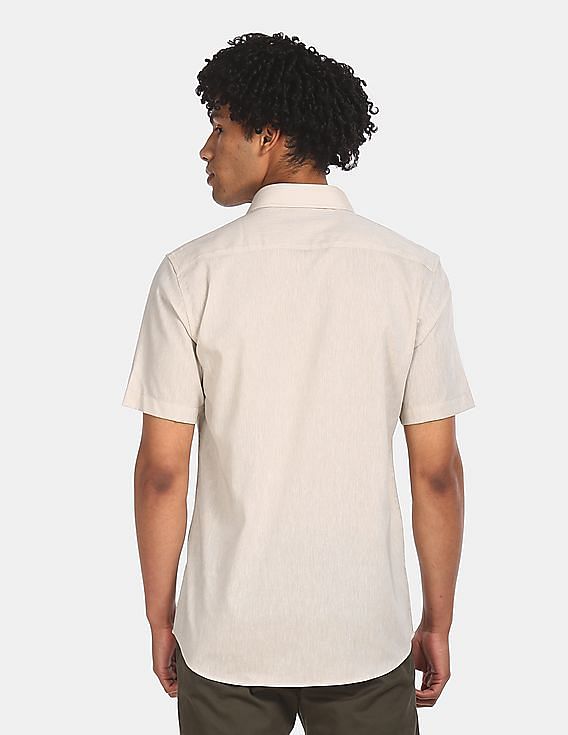 USPA Tailored Men Beige Short Sleeve Solid Formal Shirt