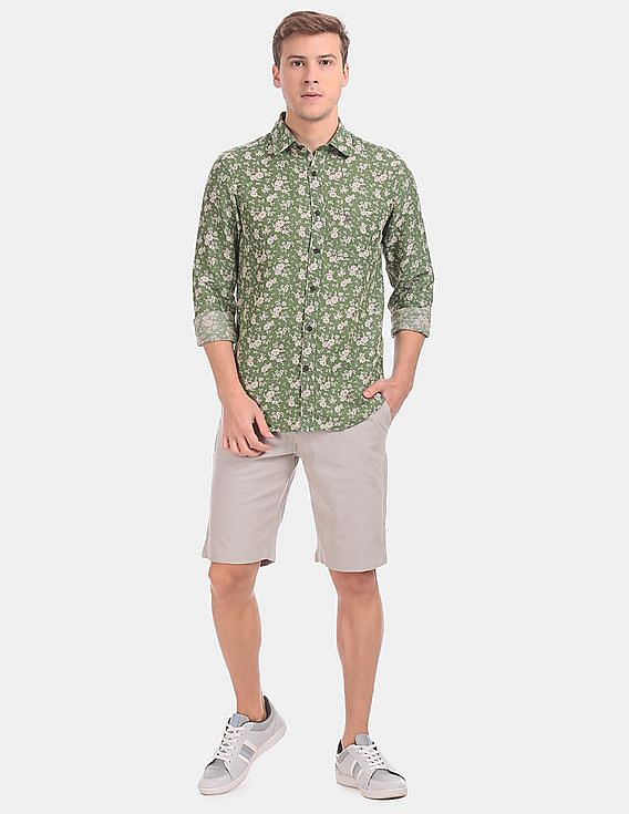 U.S. Polo Assn. Spread Collar Floral Print Linen Cotton Casual Shirt