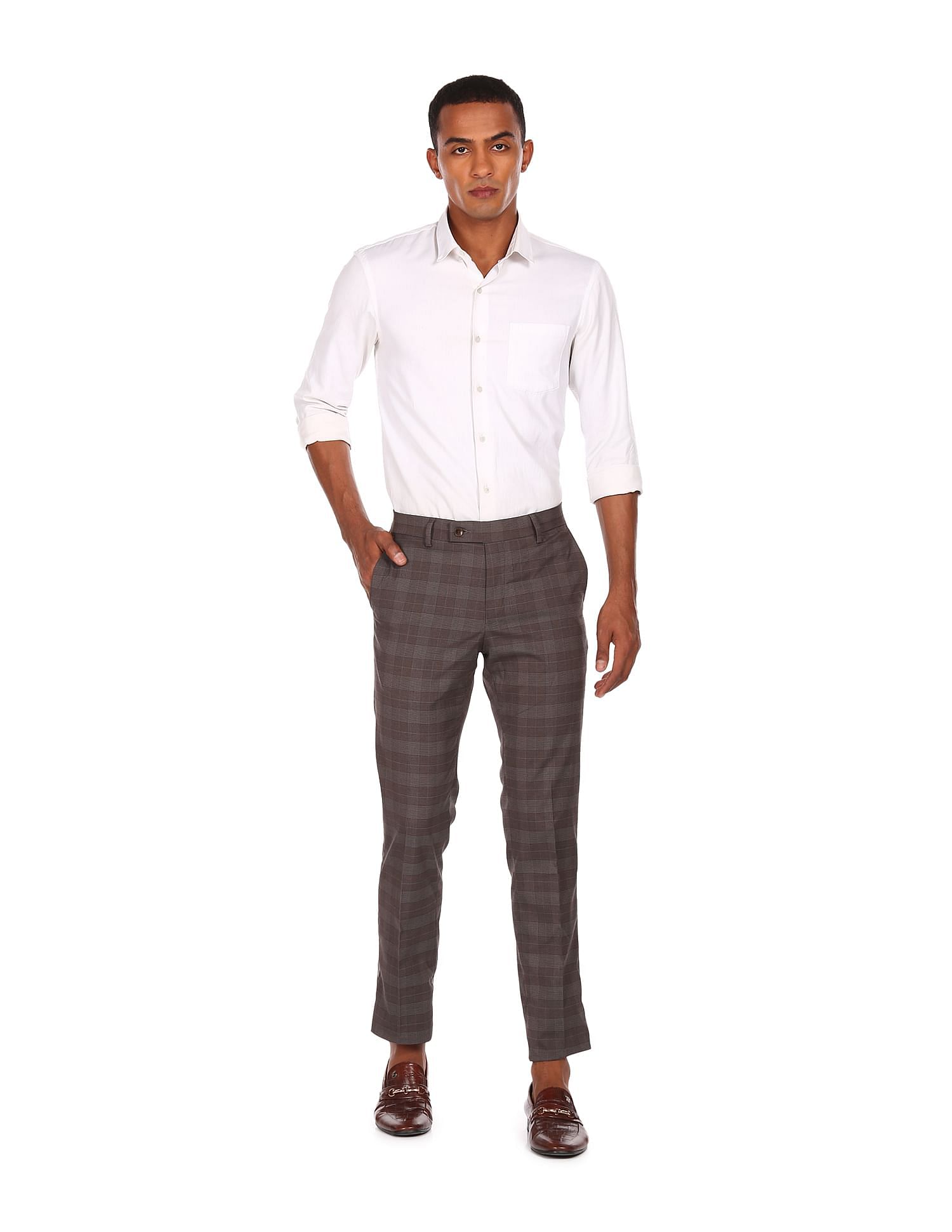 Buy WES Formals by Westside Grey Checkered CarrotFit Trousers for Online   Tata CLiQ
