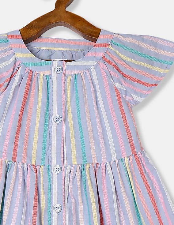 strapless open back dress Elegantly In Route Pink & Blue Stripe Cotton Blend Belt Tie Midi Dress main image 1