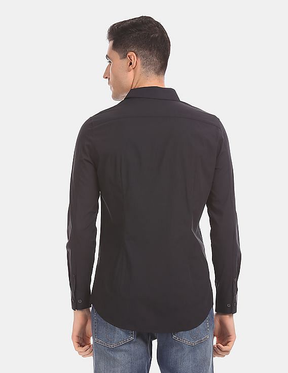 Calvin Klein Men Black Slim Fit Long Sleeve Cotton Stretch Casual Shirt