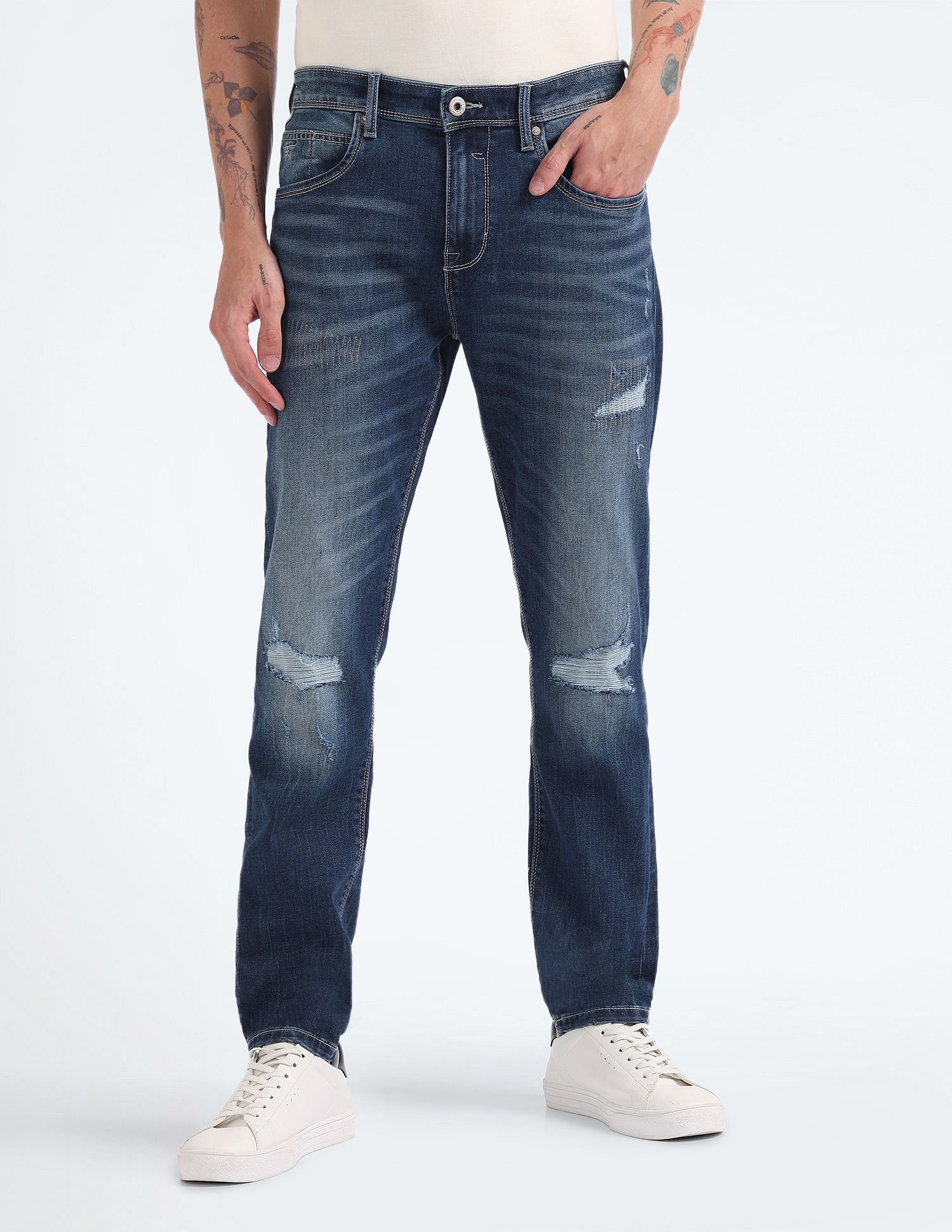Flying Machine Mid Rise Slash Slim Tapered Jeans