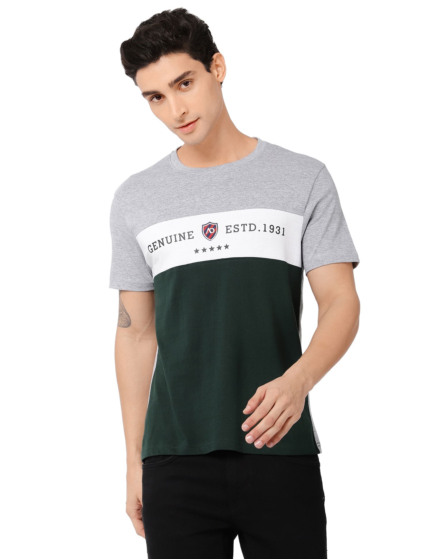AD by Arvind Brand Print Colour Block Cotton T-Shirt