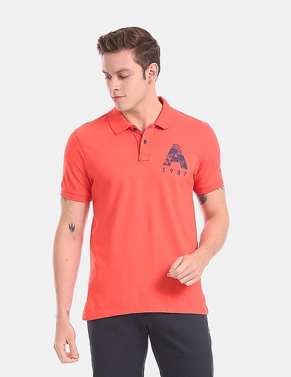 Aeropostale Men Red Brand Print Pique Polo Shirt