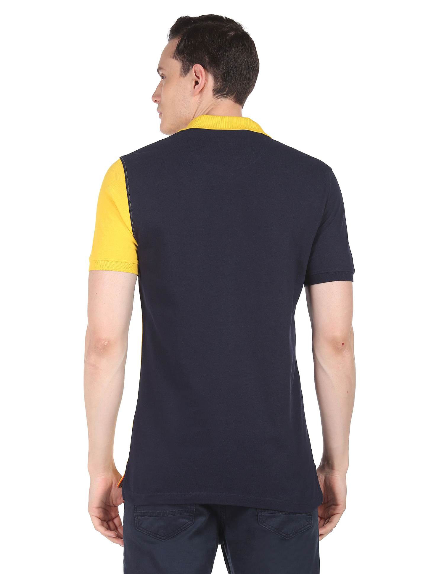 Buy AD by Arvind Men Navy And Yellow Cotton Colour Block Logo Polo Shirt -  NNNOW.com