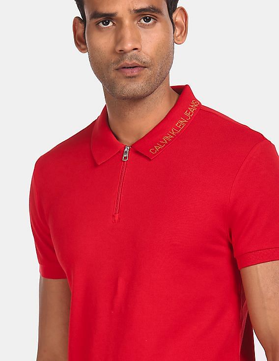 Buy Calvin Klein Men Red Zip Placket Solid Polo Shirt 