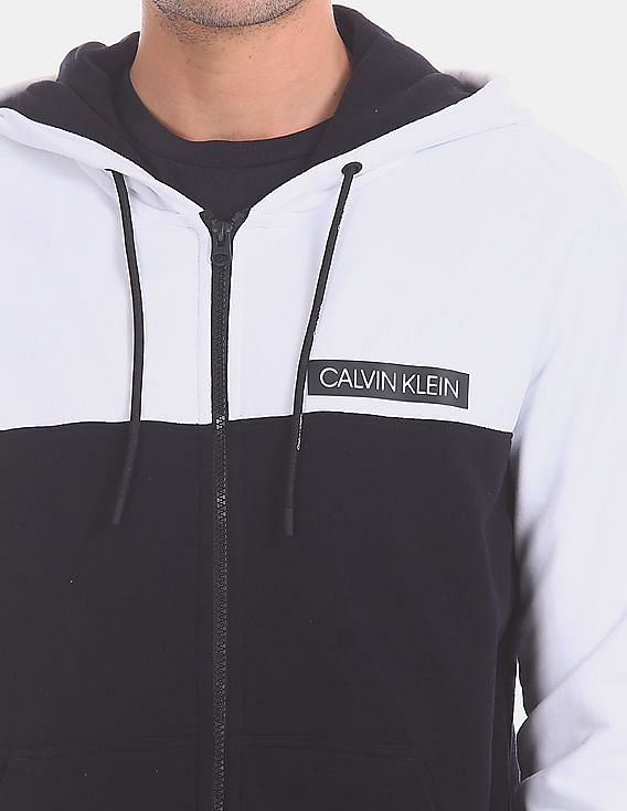 Calvin Klein Men Black And White Zip Up Colour Block Hoodie