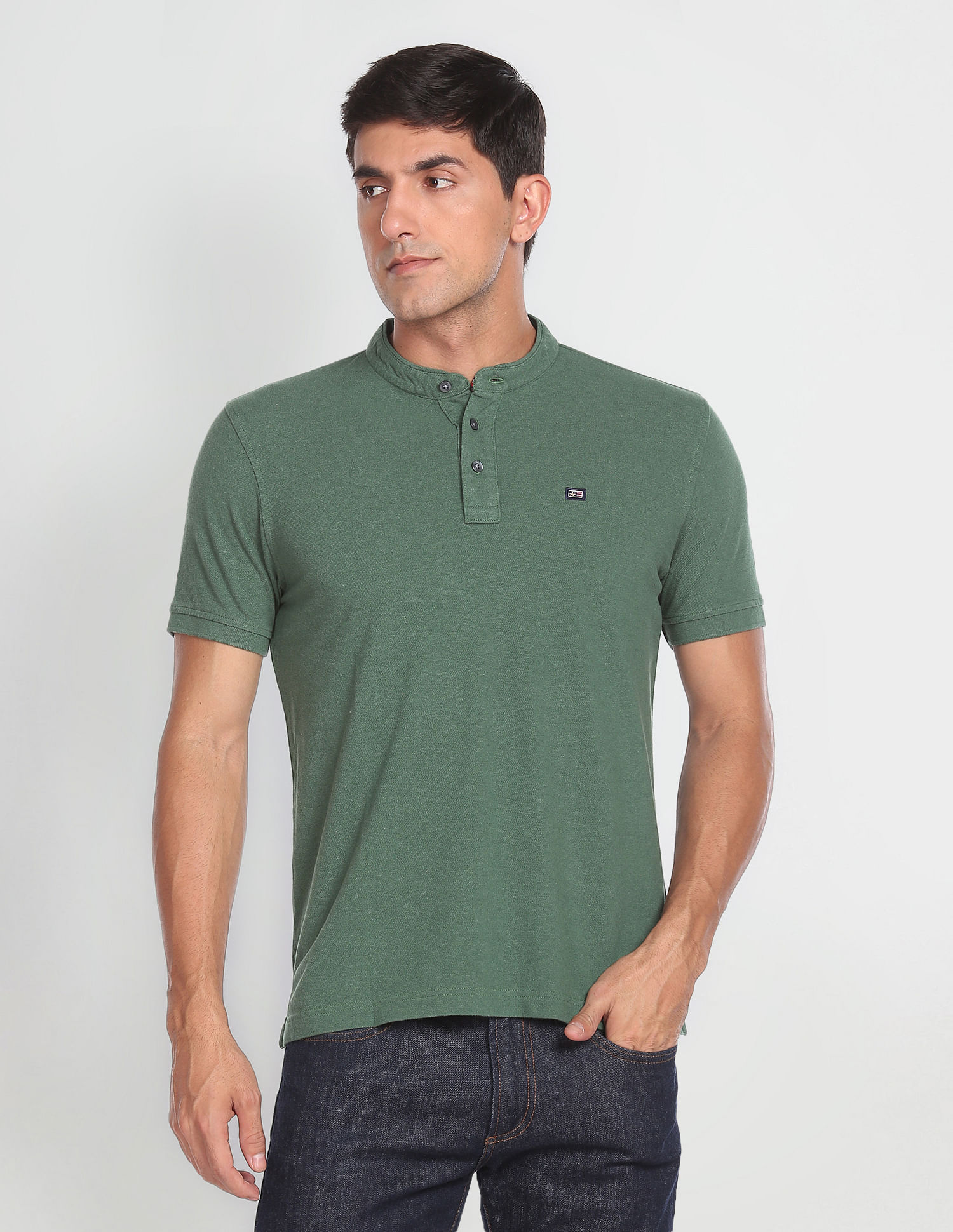 Arrow Sports Mandarin Collar Heathered Polo Shirt
