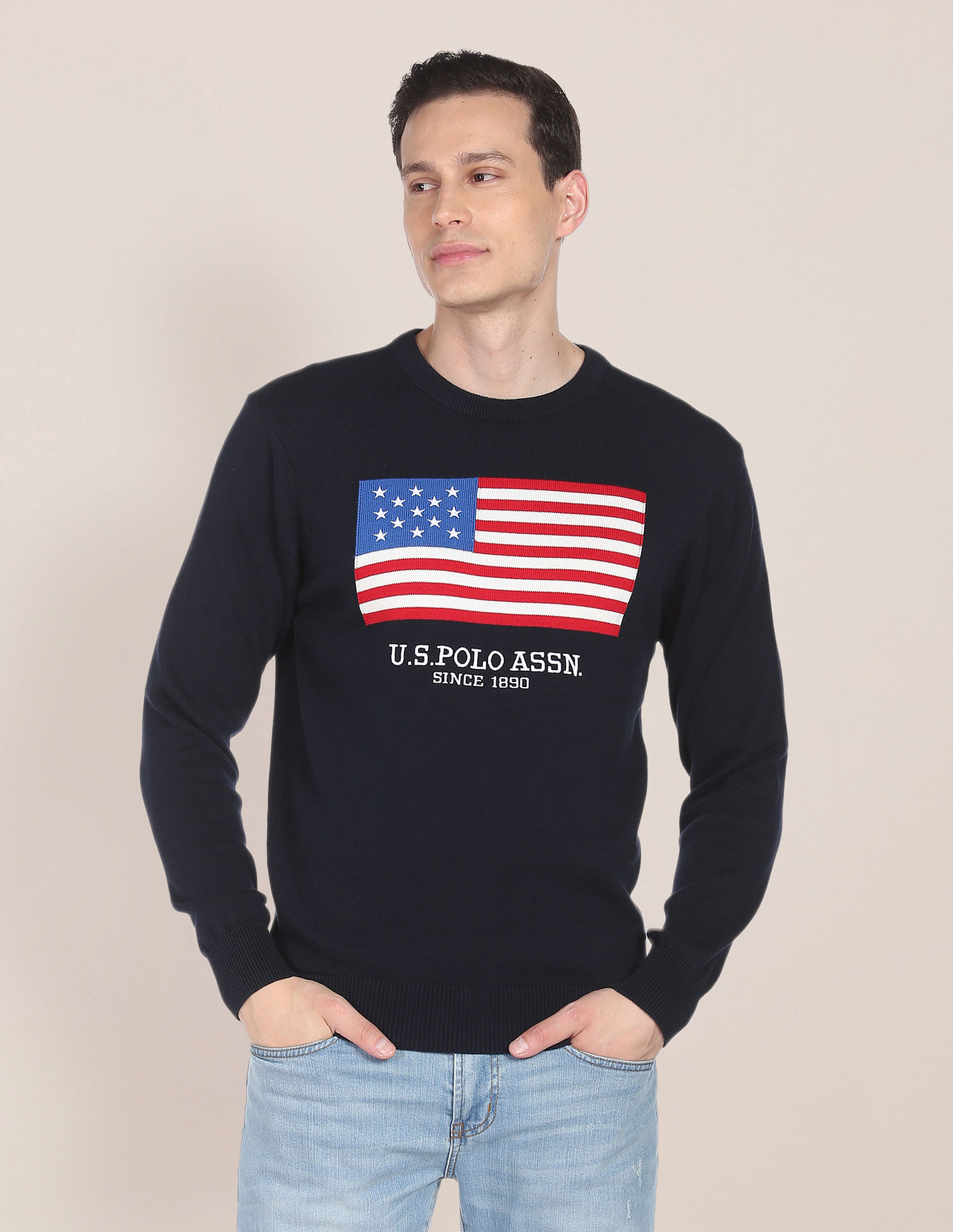 U.S. Polo Assn. Crew Neck Patterned Knit Cotton Sweater