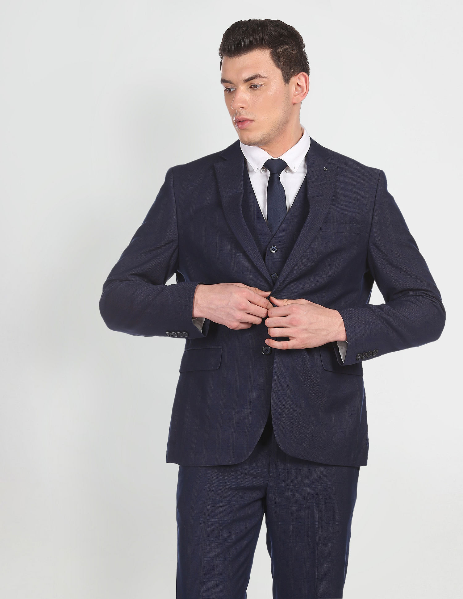 Buy Peter England Men Grey Check Slim Fit Formal Two Piece Suit (Set of 2)  online
