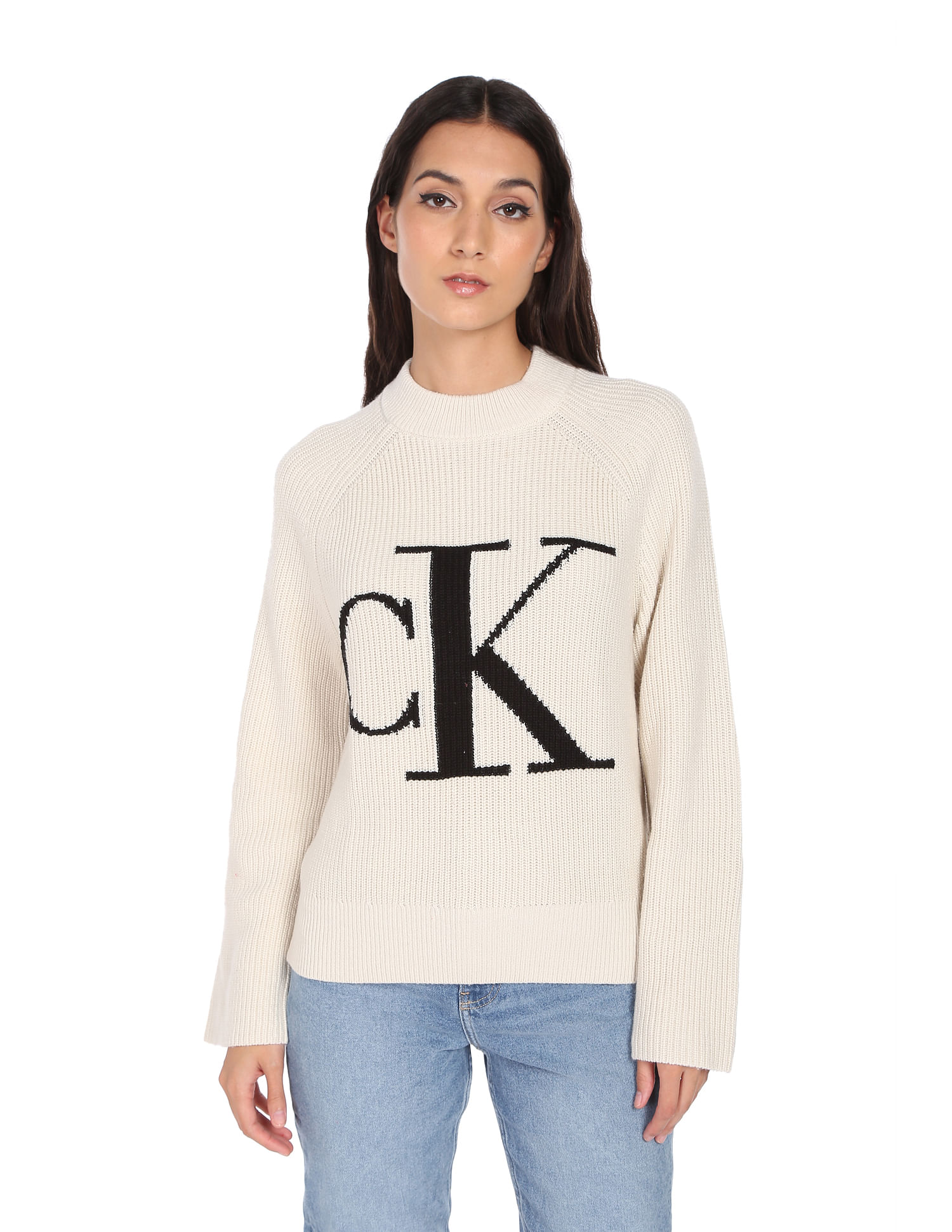 Buy Calvin Klein Women Off White Brand Monogram High Neck Sweater -  