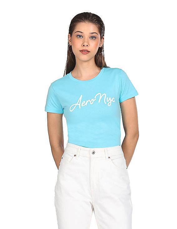Aeropostale Women Aqua Cotton Brand Print T-Shirt