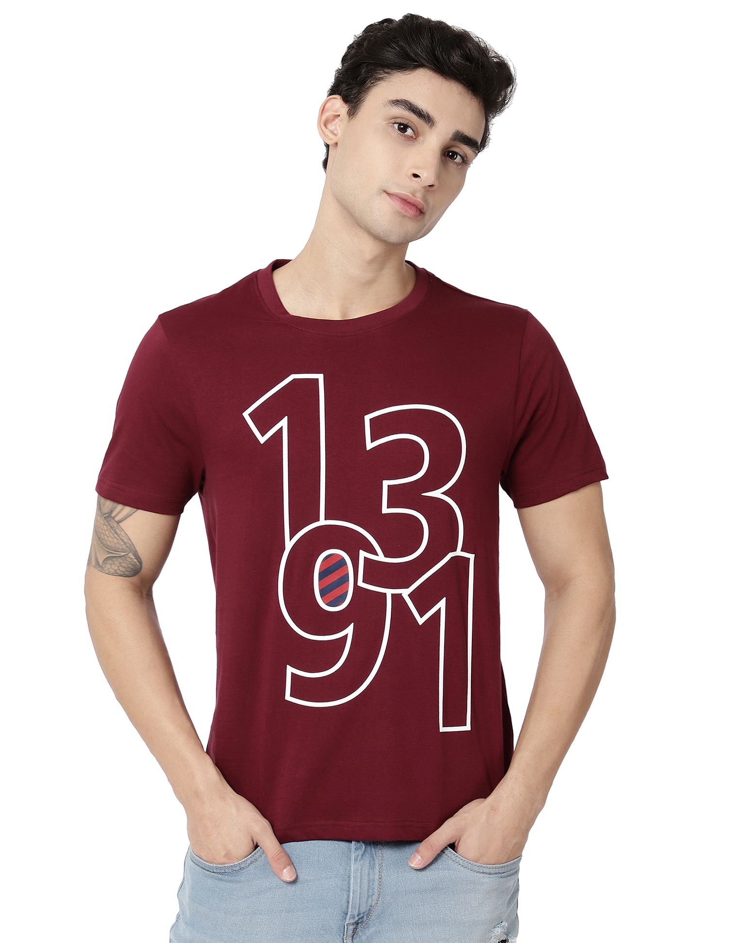 AD by Arvind Crew Neck Typographic Print Cotton T-Shirt