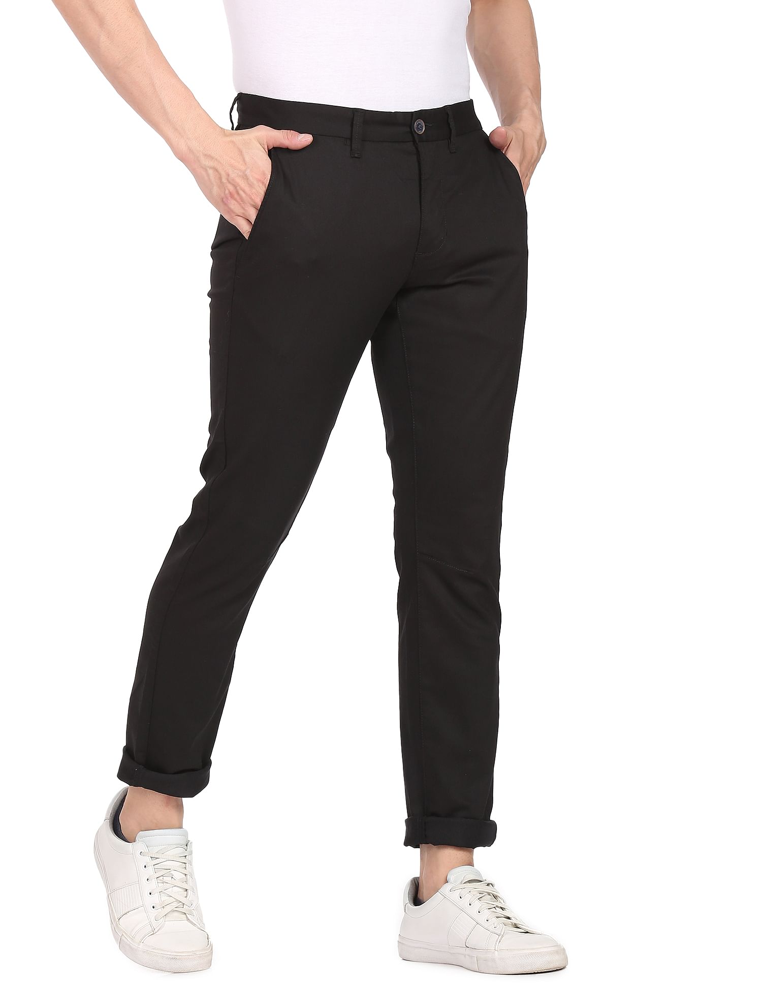 Flying Machine Mid Rise Solid Twill Weave Casual Trousers