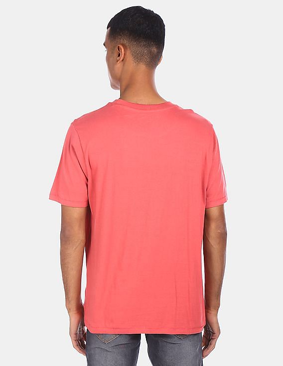 Aeropostale Men Coral Pink Crew Neck Cotton Graphic Print T-Shirt