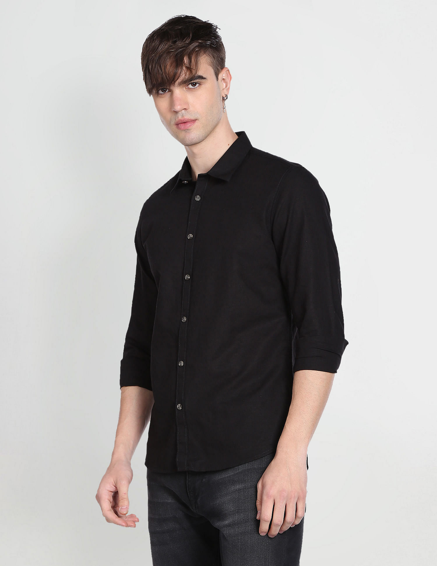 Flying Machine Spread Collar Solid Shirt