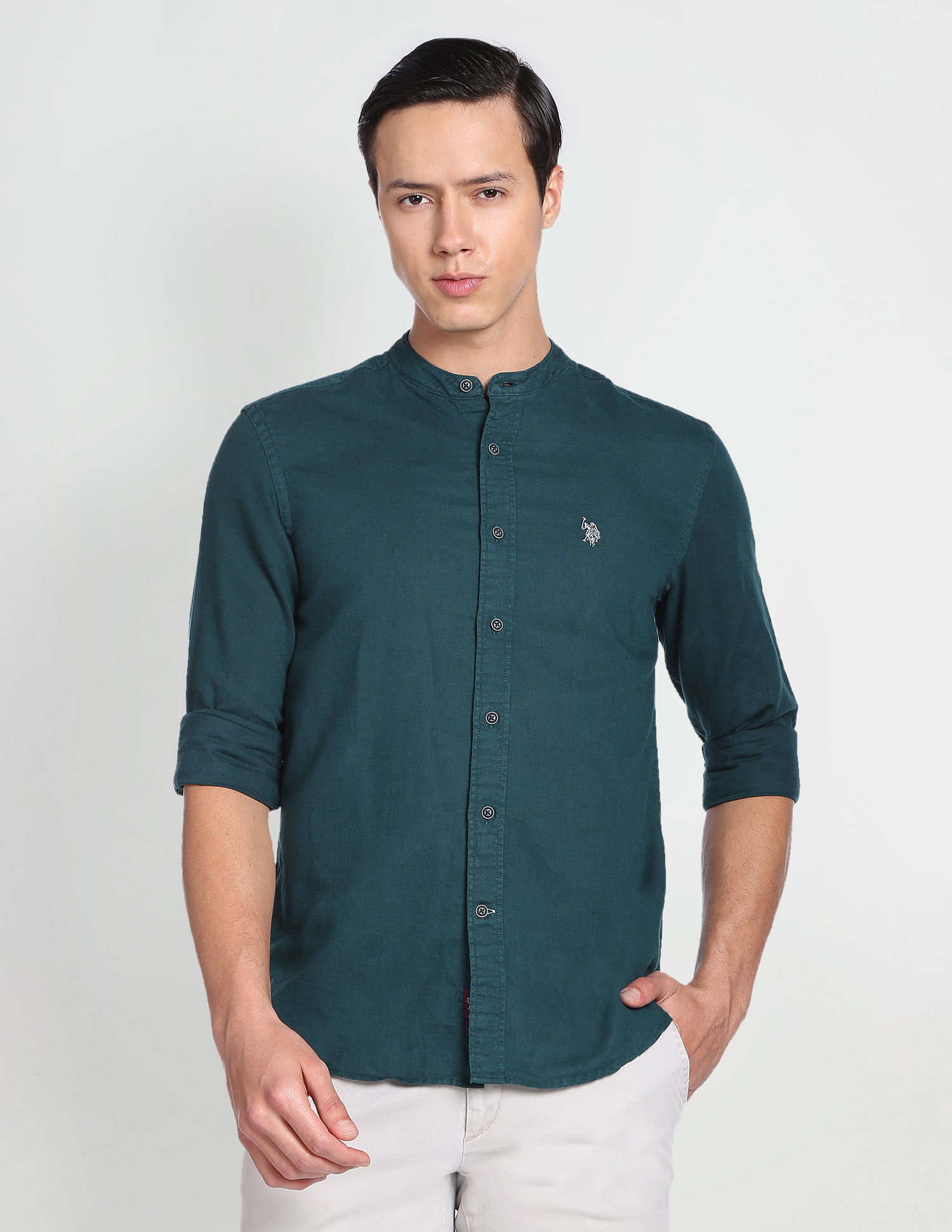 U.S. Polo Assn. Denim Co. Mandarin Collar Overdyed Solid Shirt