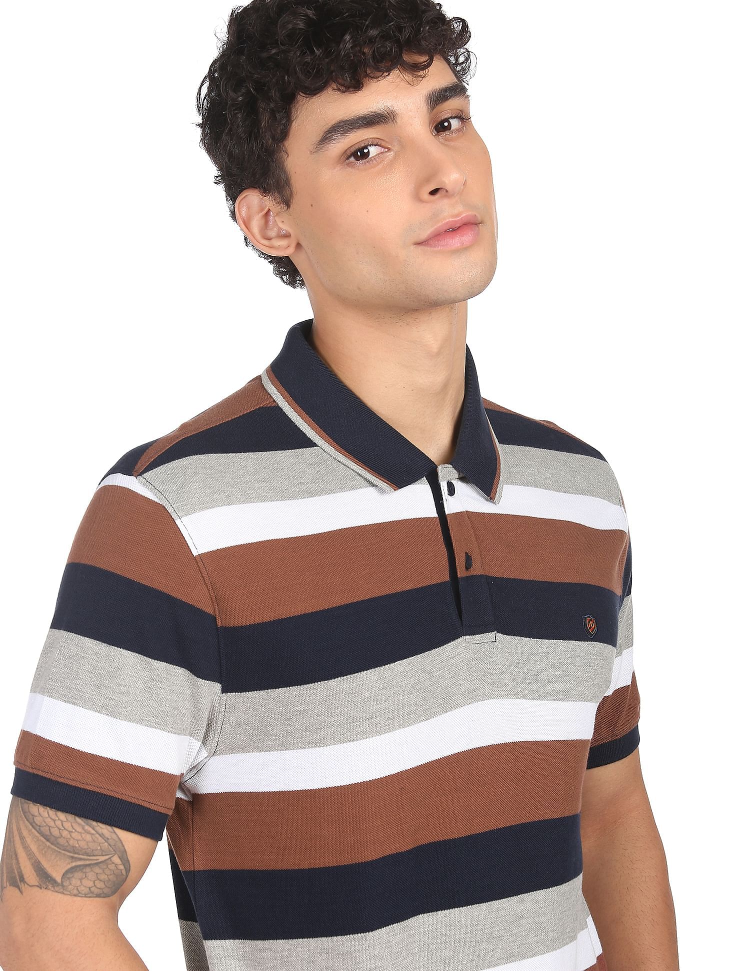 AD by Arvind Cotton Horizontal Stripe Polo Shirt