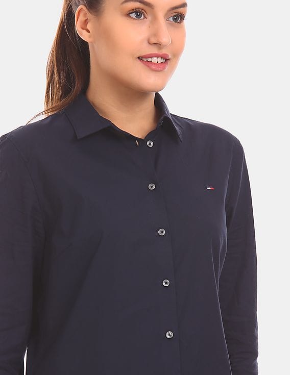 Buy Tommy Hilfiger Women Blue Long Sleeve Solid Casual Shirt