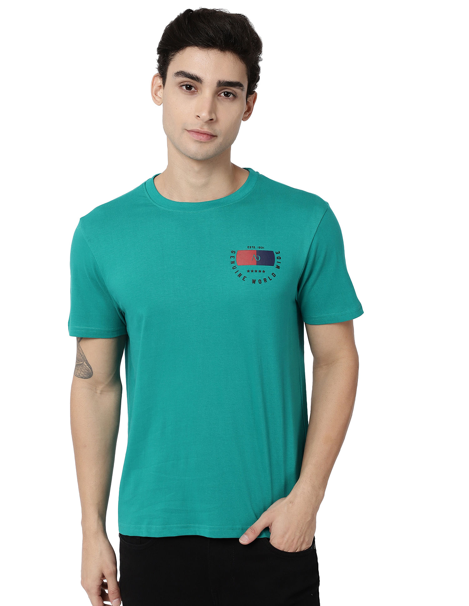 AD by Arvind Crew Neck Solid Cotton T-Shirt