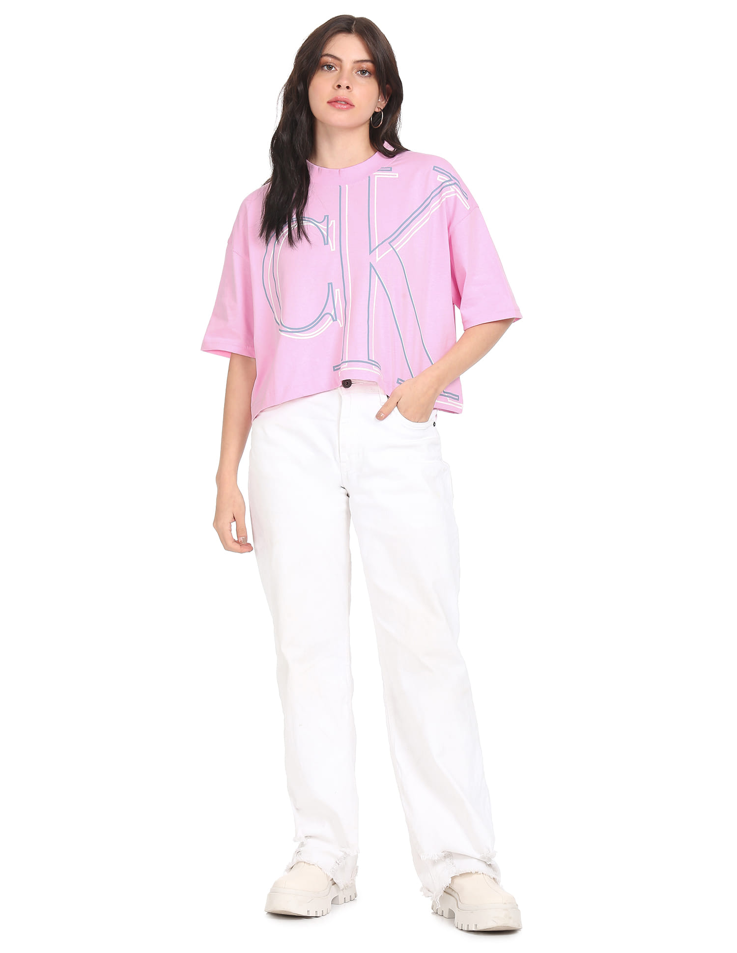 Buy Calvin Klein Jeans Women Pink Logo Print Crop T-Shirt - NNNOW.com