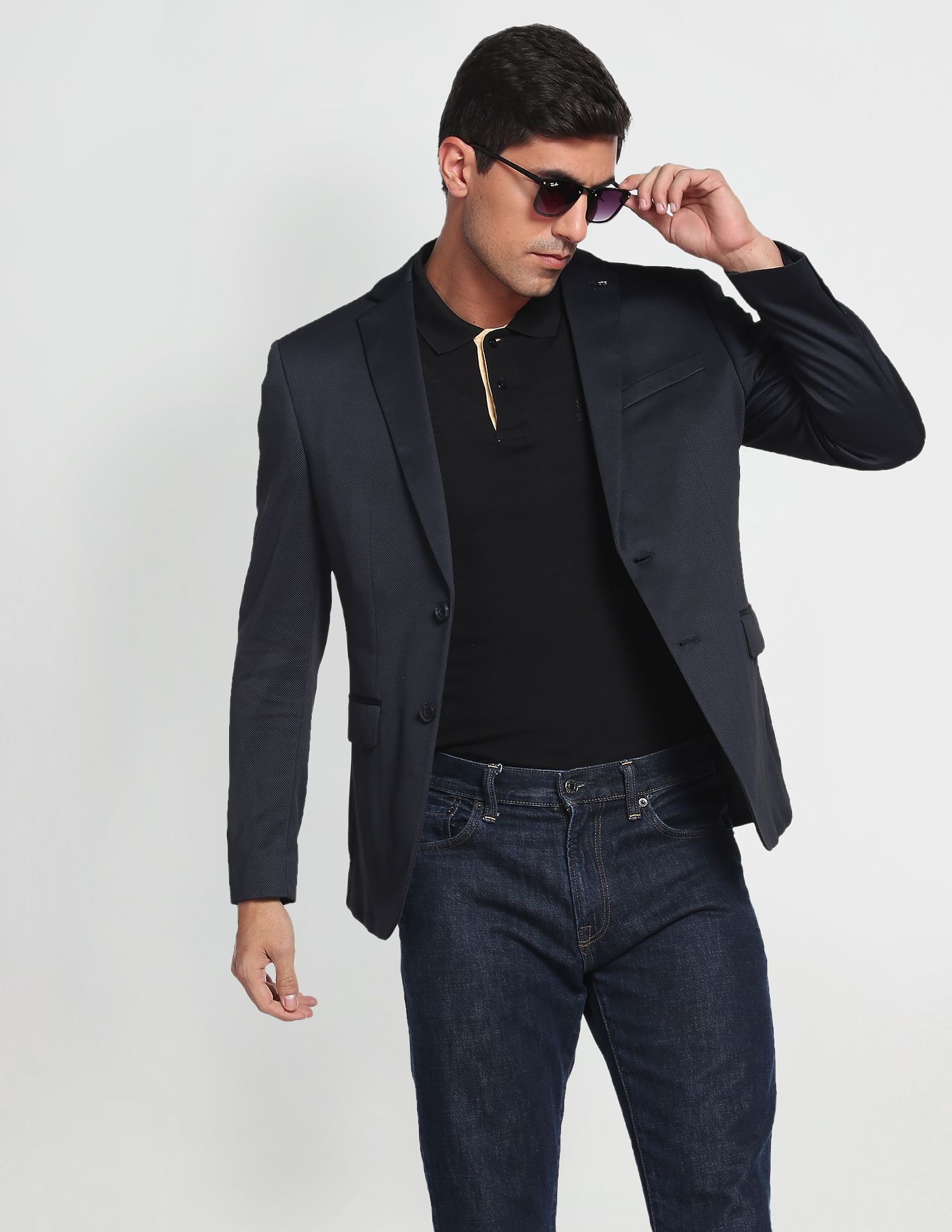 Arrow Patterned Knit Polyester Slim Fit Blazer
