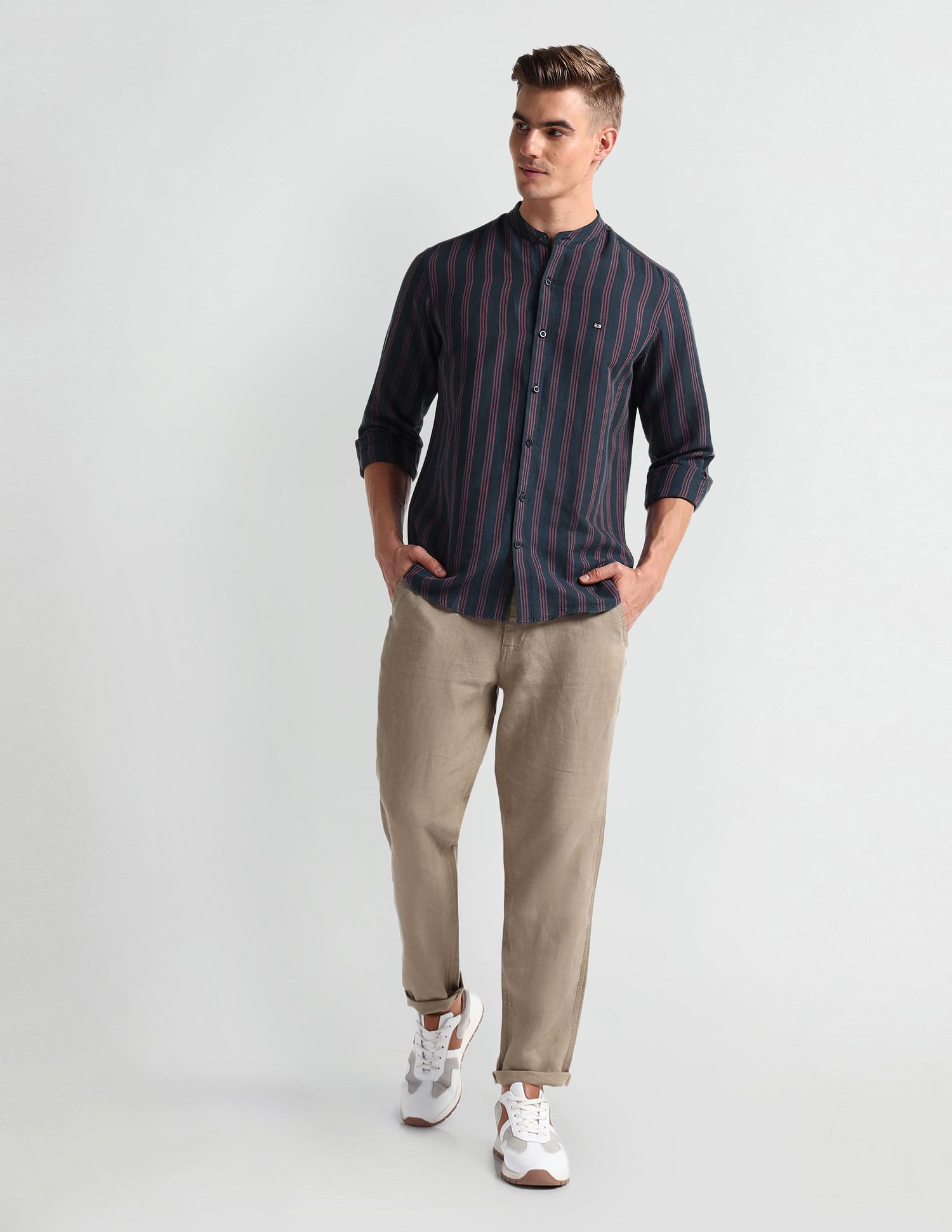 Arrow Sports Mandarin Collar Vertical Stripe Shirt