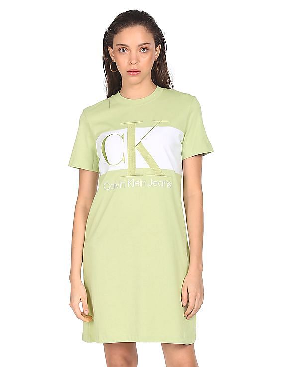 Calvin Klein Women Light Green Colour Block Logo T-Shirt Dress