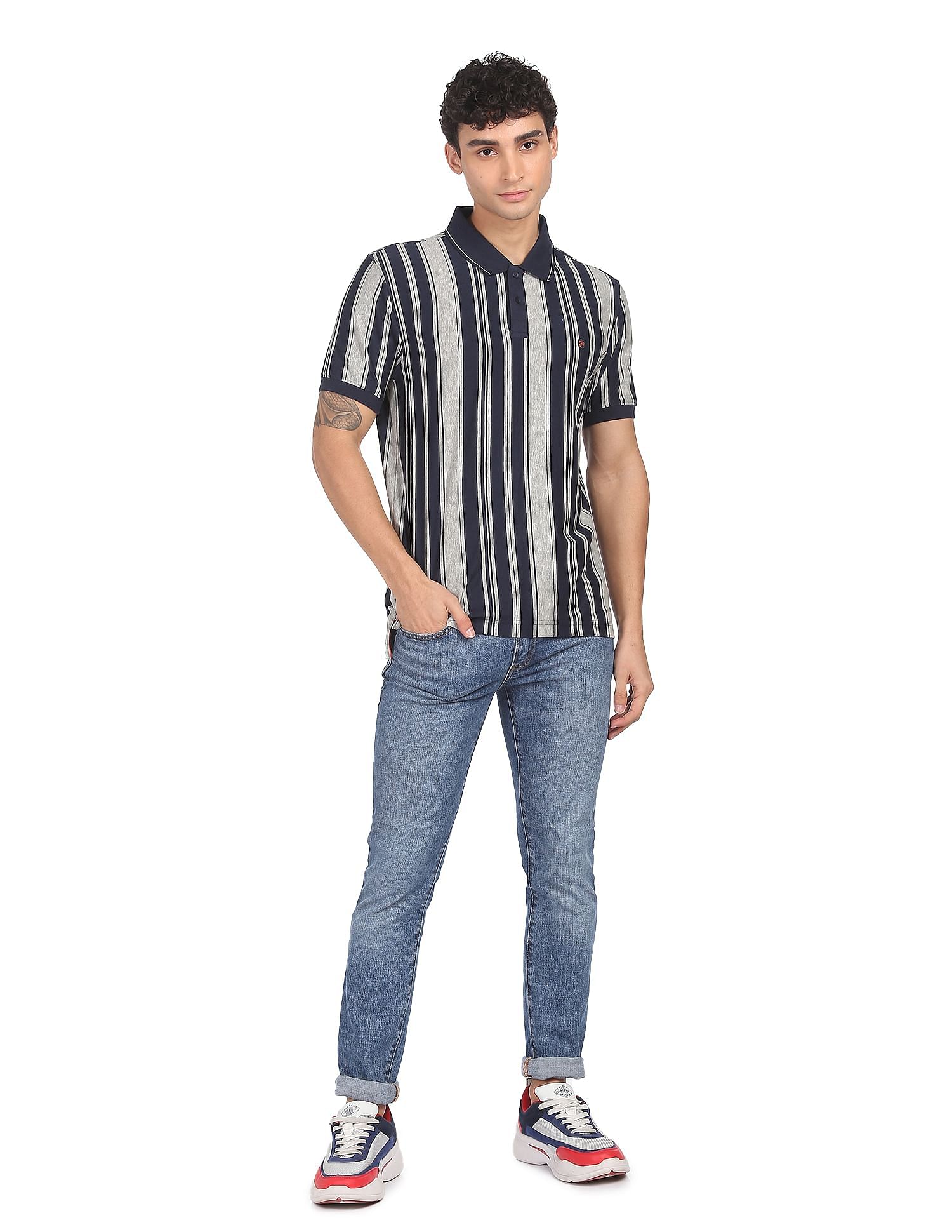AD by Arvind Cotton Vertical Striped Polo Shirt