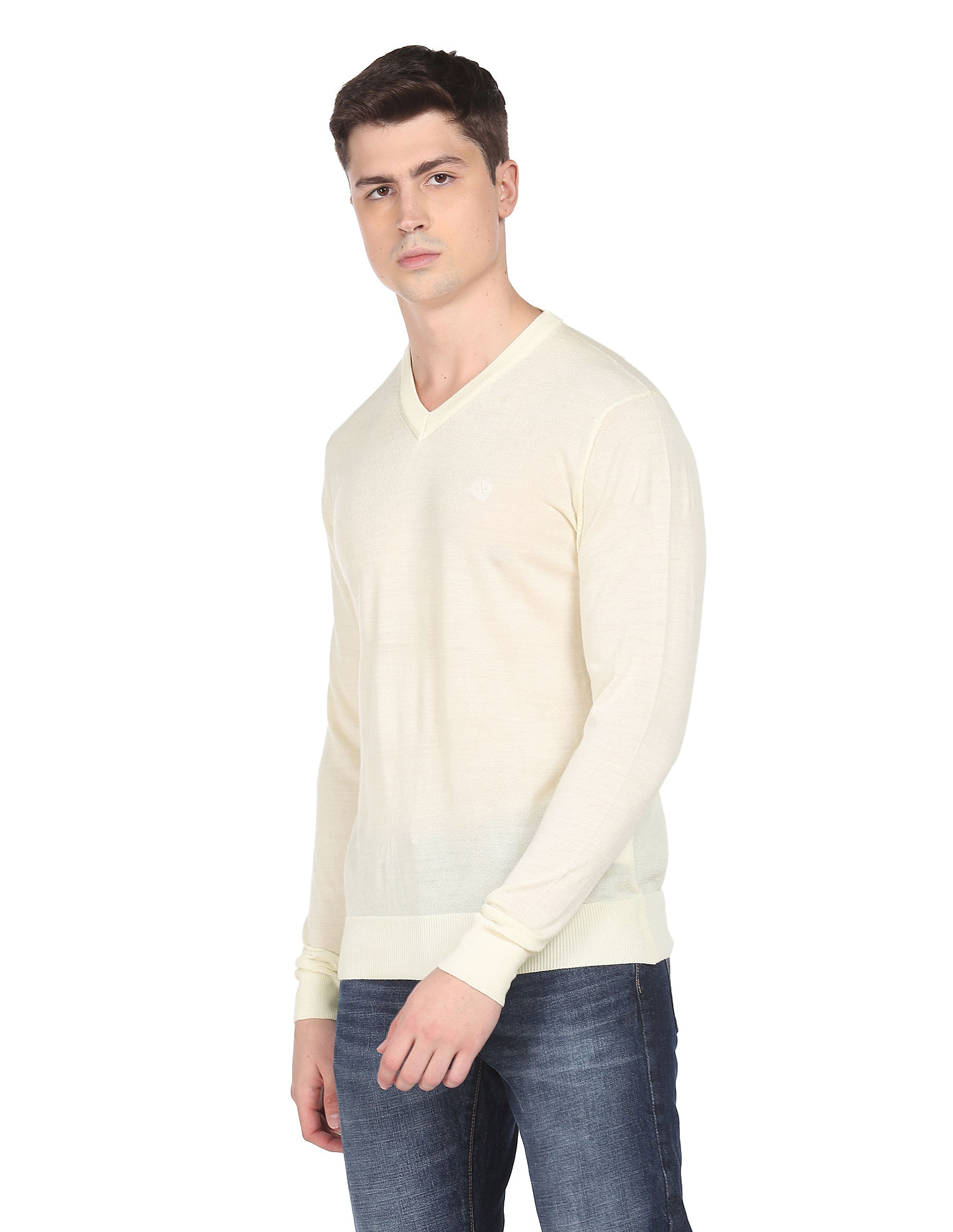 Buy Arrow Men White V Neck Solid Sweater NNNOW