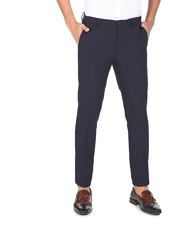 Madame Women Navy Blue Smart Slim Fit Striped Formal Trousers - ORCHIDS  RETAIL