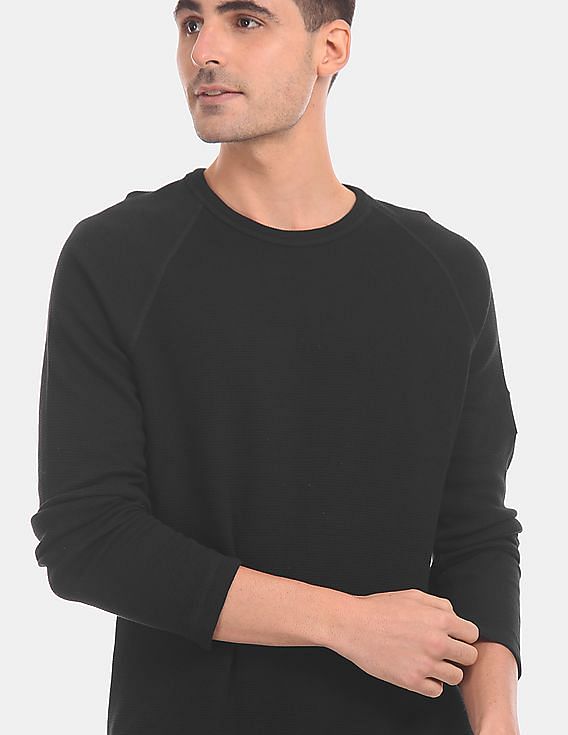 Calvin Klein Men Black Monogram Raglan Sleeve Waffle Knit T-Shirt