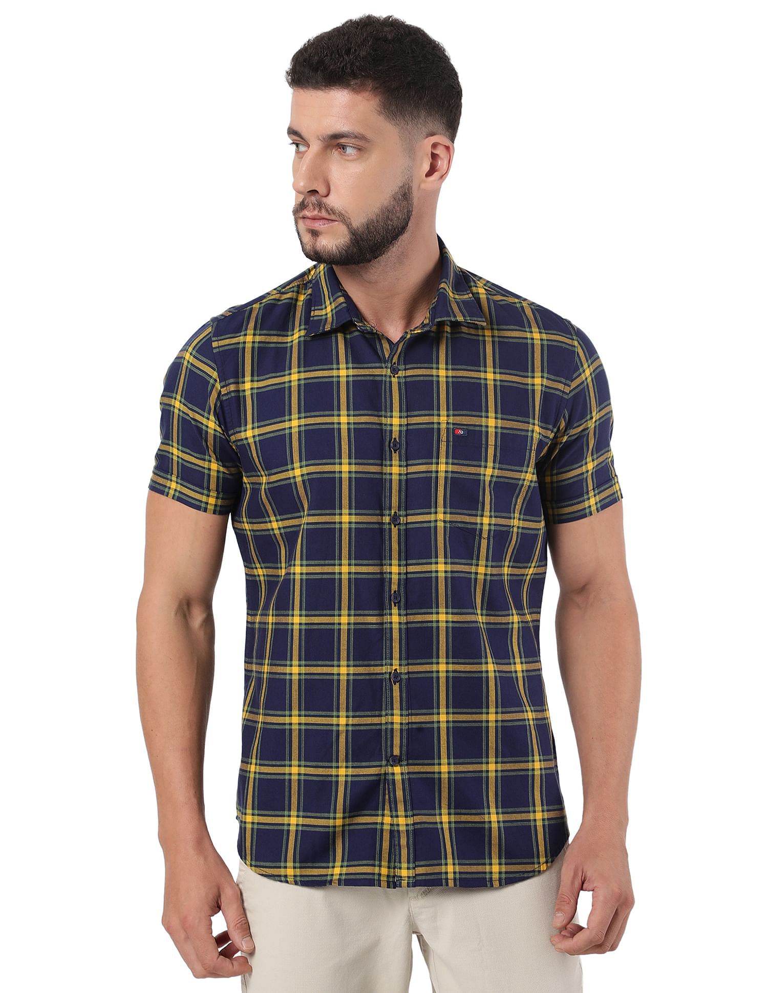 Mufti mustard yellow store checked casual shirt