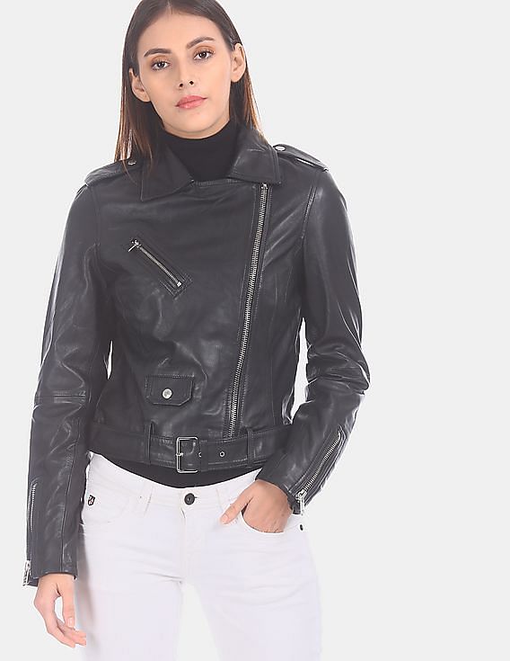 Buy Calvin Klein Women Black Solid Belted Hemline Leather Biker Jacket -  
