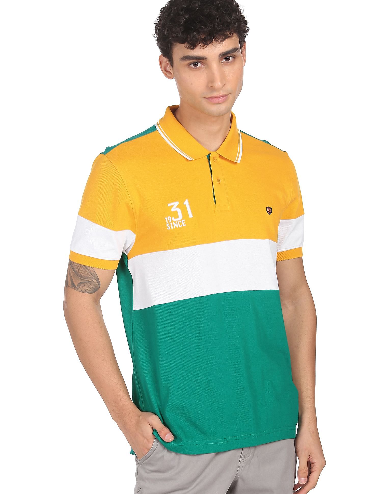 AD by Arvind Panelled Cotton Colour Block Polo Shirt