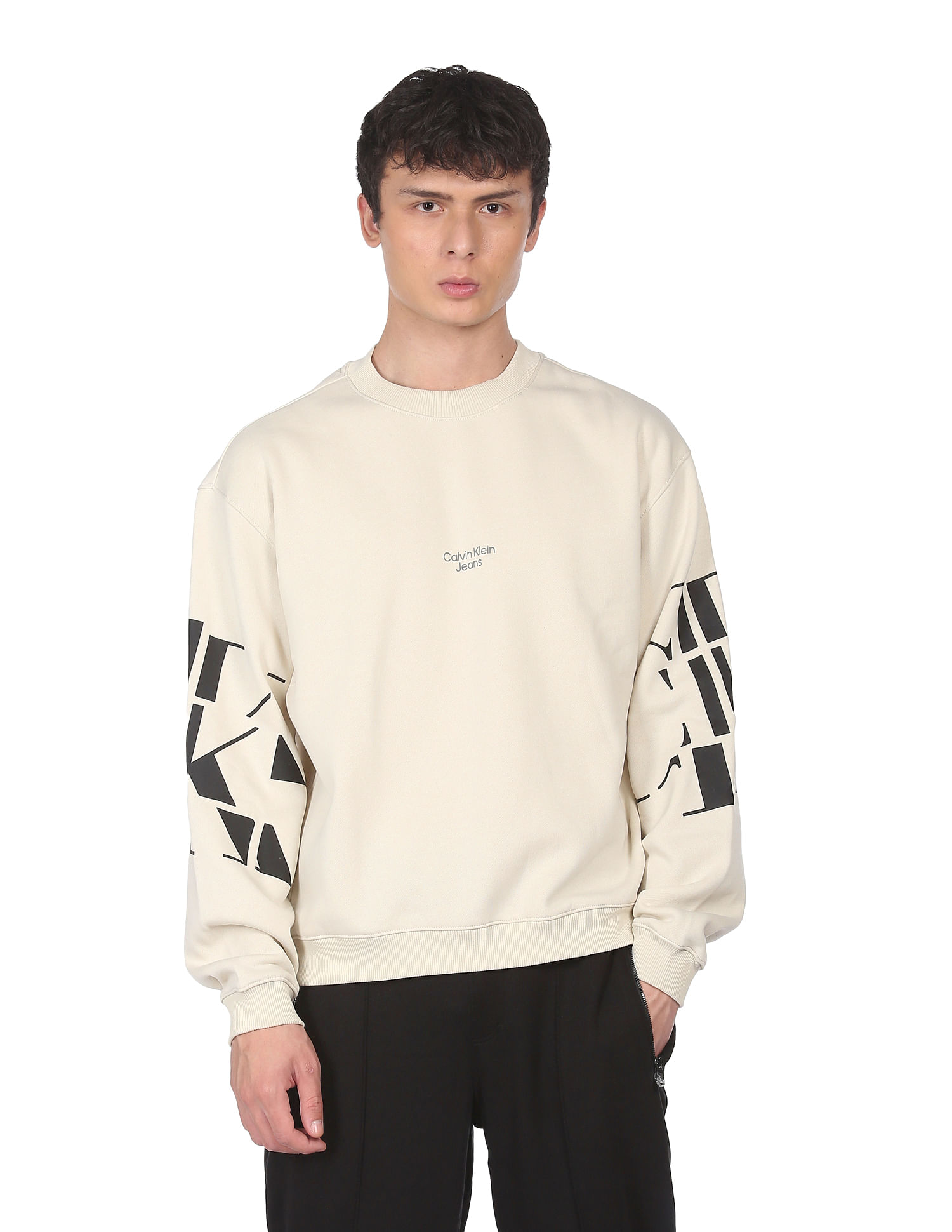 Buy Calvin Klein Jeans Men Off White Crew Neck Scattered Logo Sweatshirt -  NNNOW.com