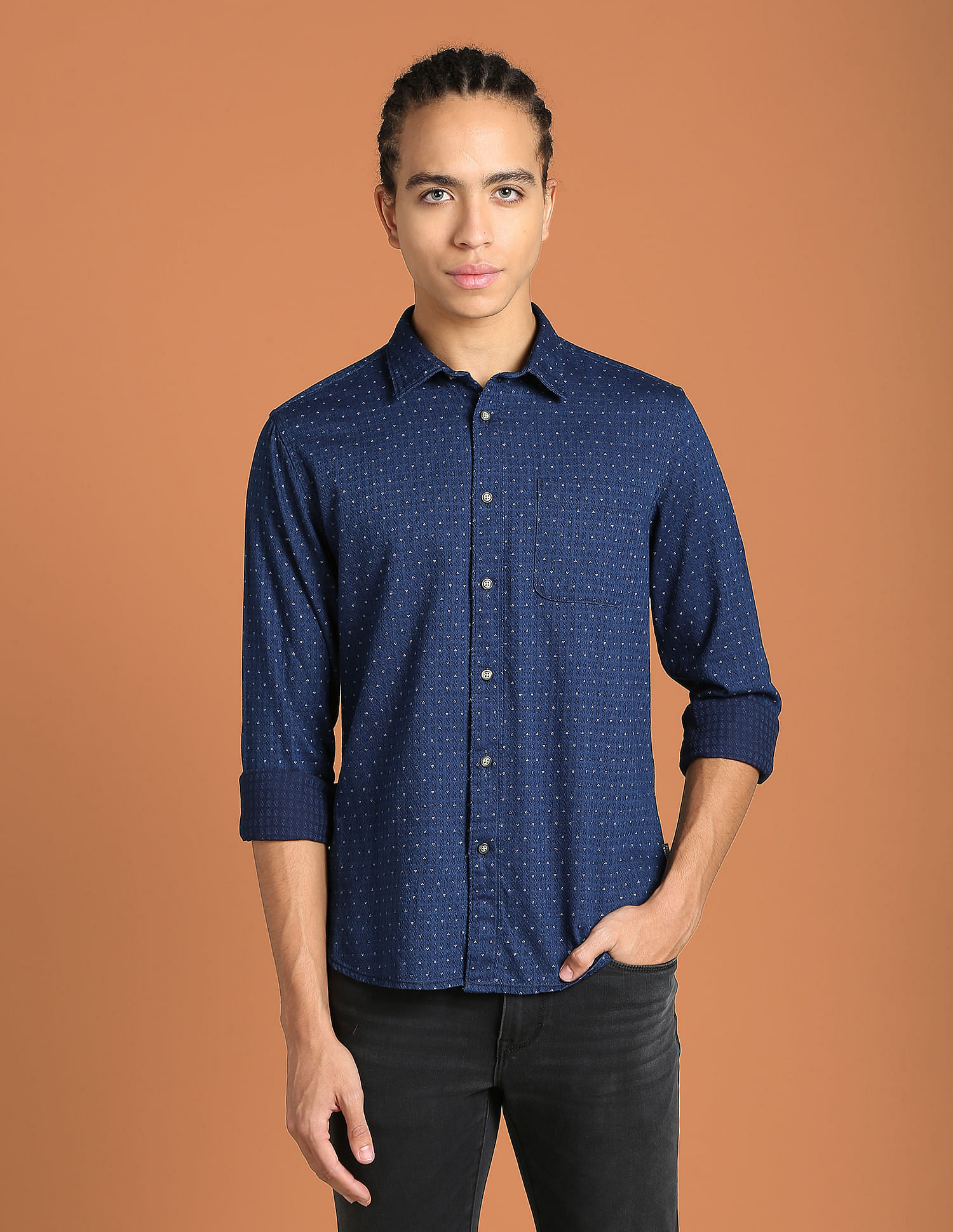 Flying Machine Patterned Print Twill Cotton Shirt