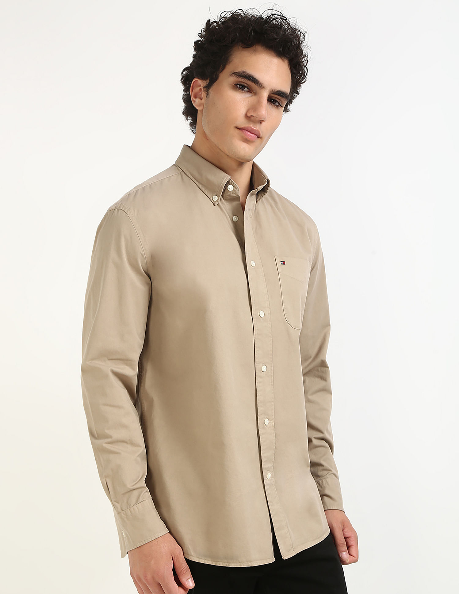 Tommy Hilfiger Khaki Men's Shirt for Relaxed Look