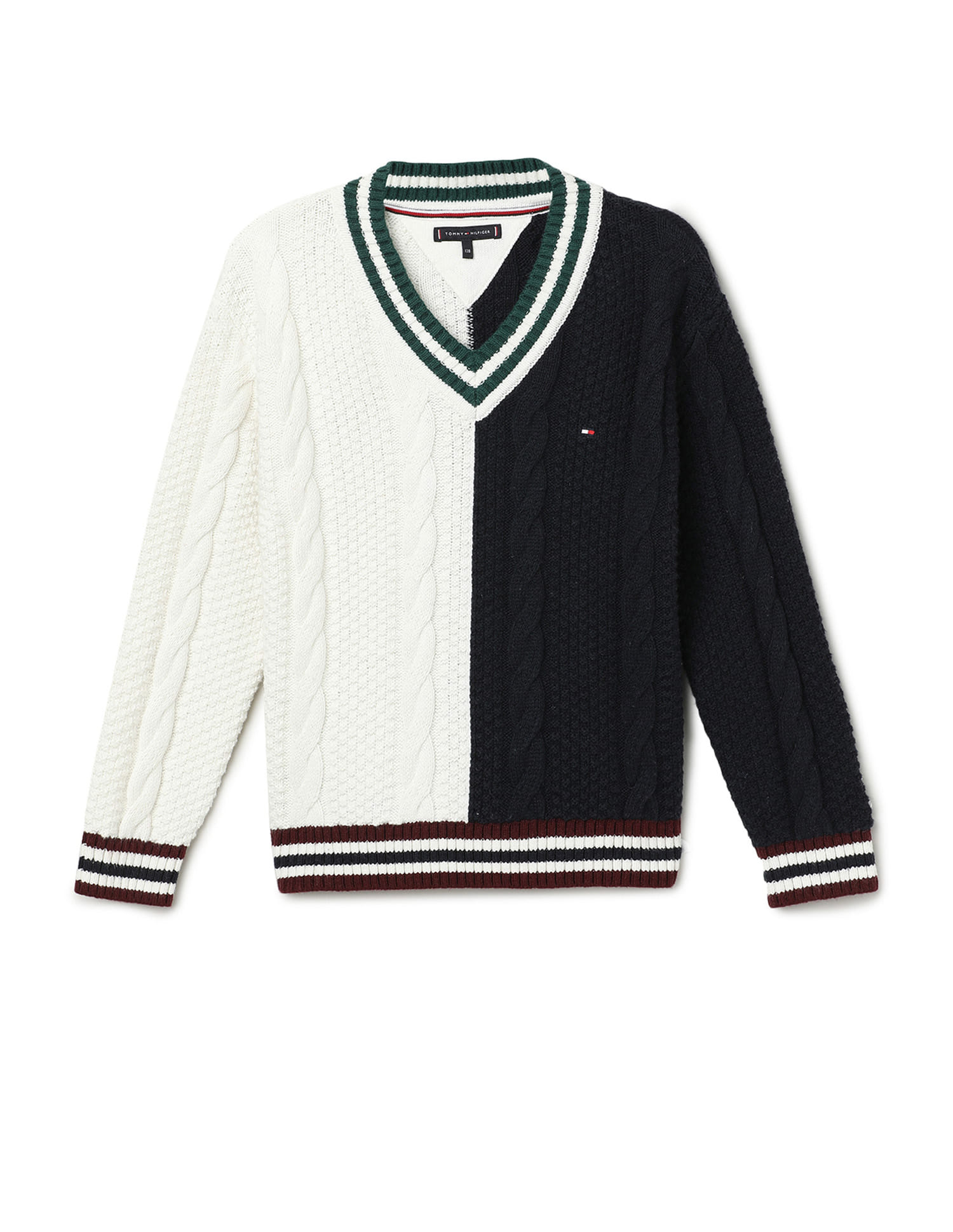 Buy Tommy Hilfiger Kids Boys Colorblock Cable V-Neck Sweater