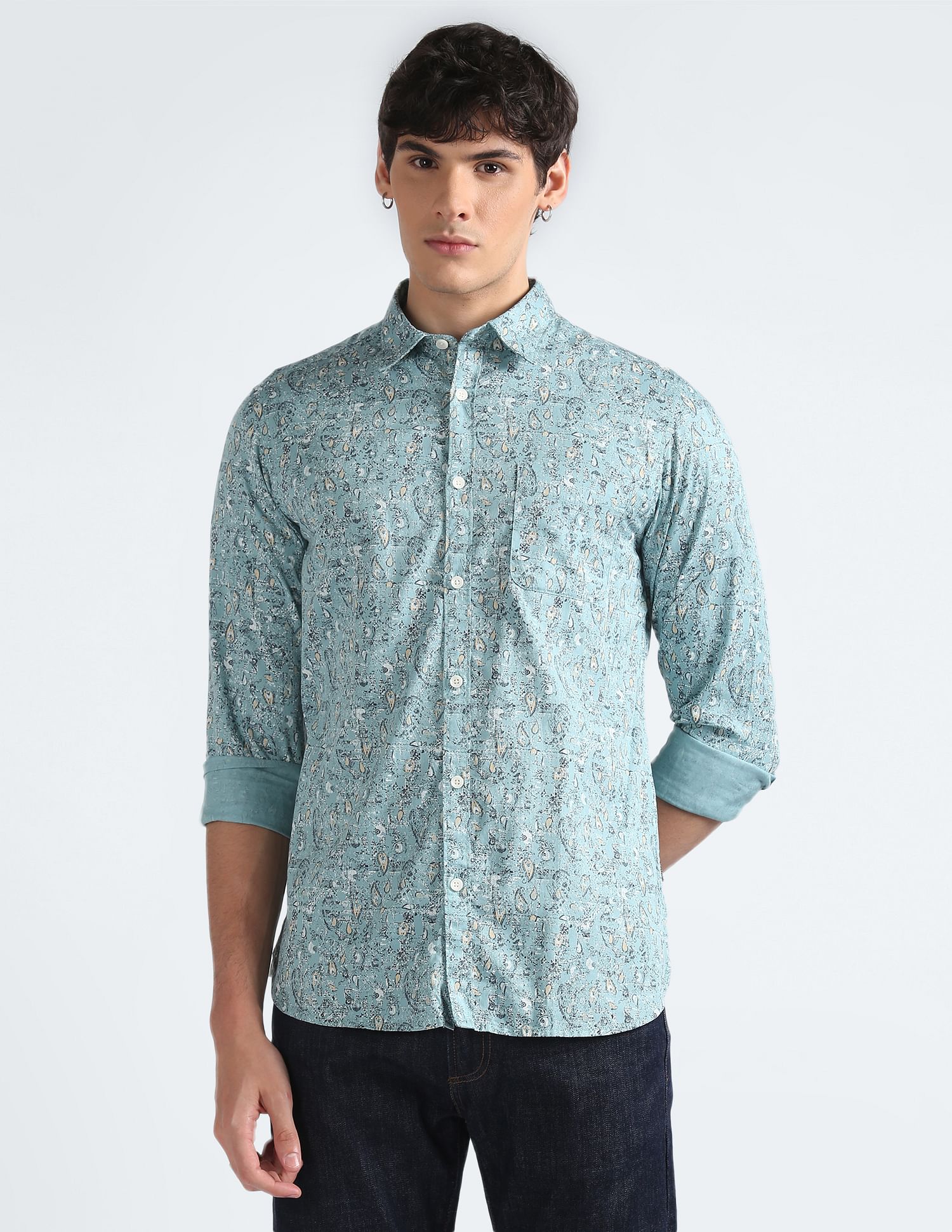 Flying Machine Abstract Print Cotton Shirt