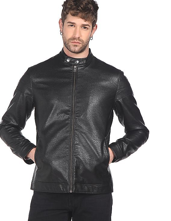 Grandad collar leather jacket best sale