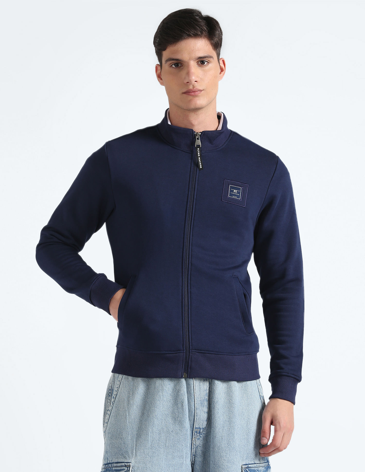 Flying Machine Stand Neck Solid Sweatshirt
