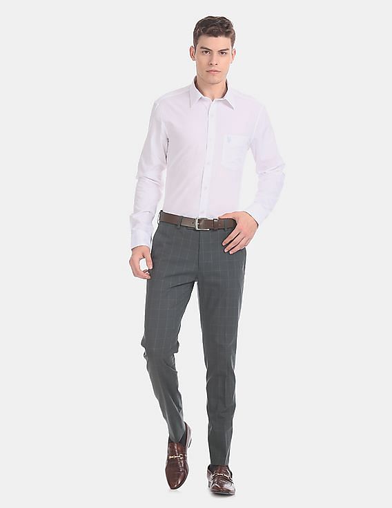 USPA Tailored Grey Slim Fit Check Formal Trousers