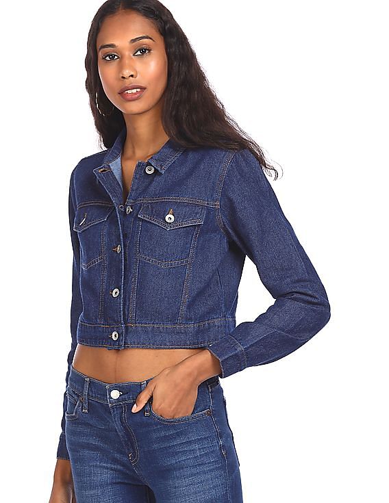 Buy SHOWOFF Women's Spread Collar Blue Distressed Over Sized Solid Crop  Denim Jacket-GZ-5555A_Blue_XXL at Amazon.in