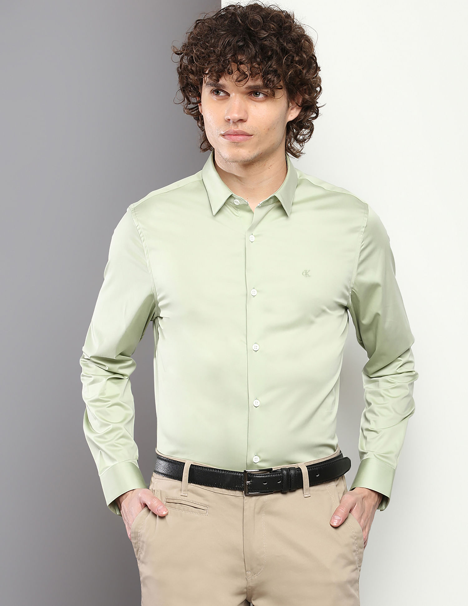 Buy Calvin Klein Men Green Slim Fit Stretch Satin Casual Shirt