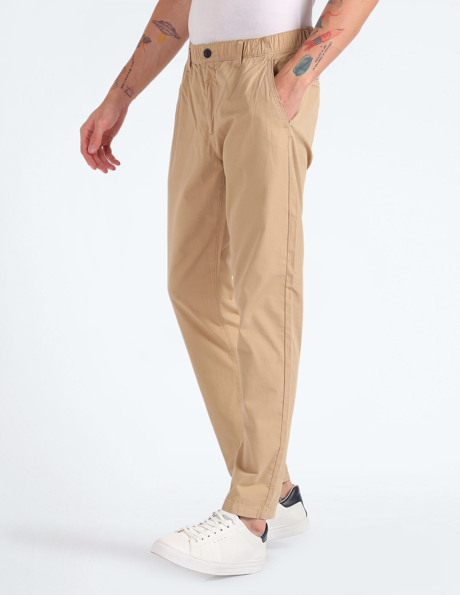 Flying Machine Elasticised Waist Solid Trousers
