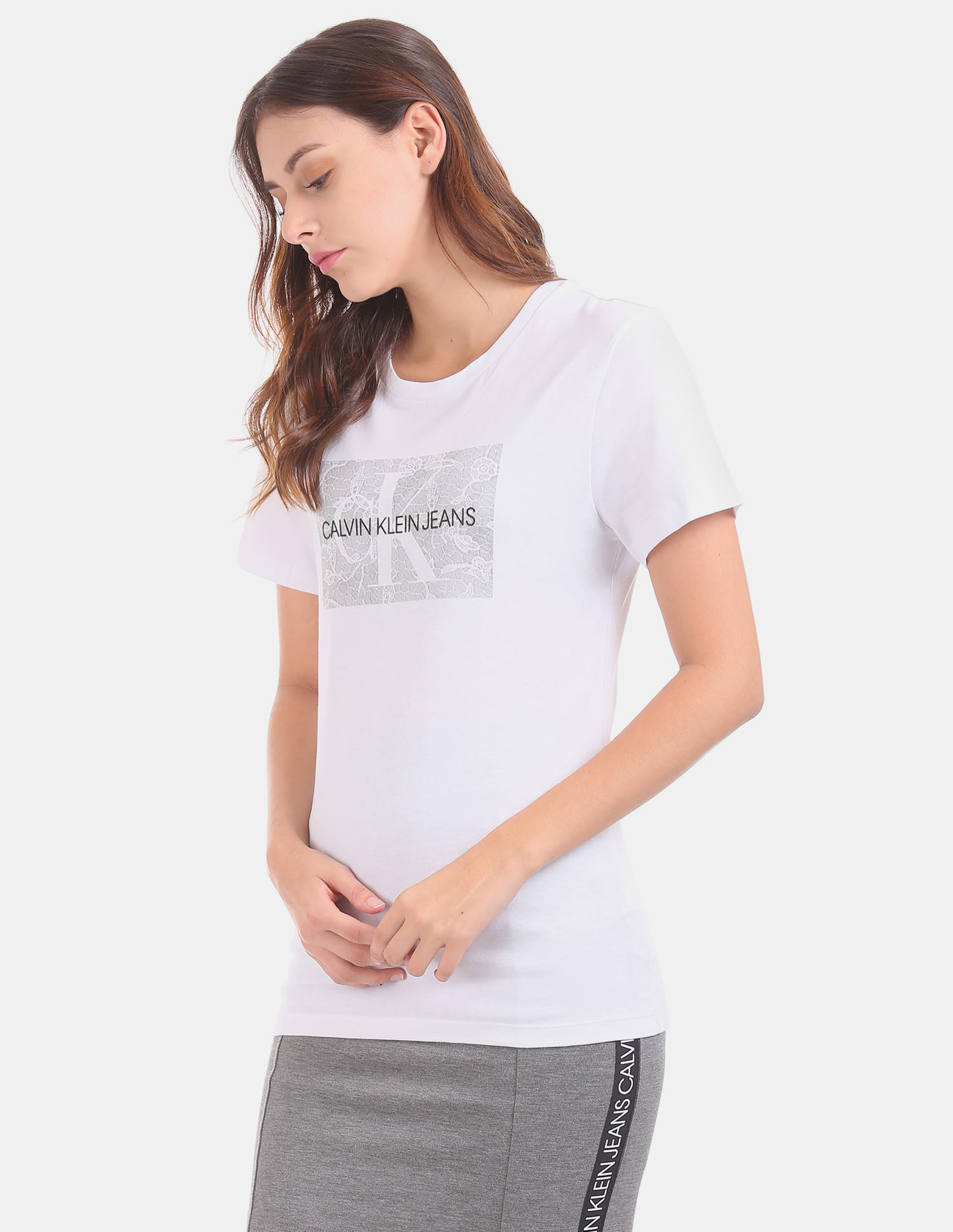 Buy Calvin Klein Women White Short Sleeve Printed T-Shirt