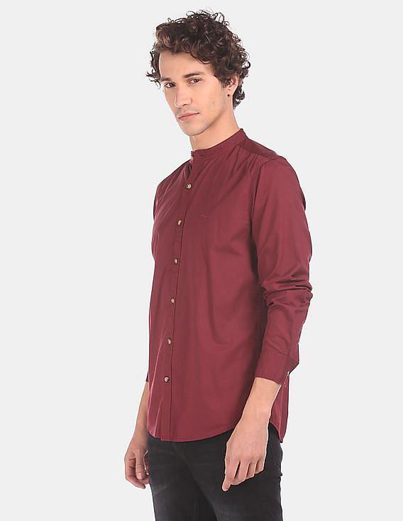 maroon mandarin collar shirt