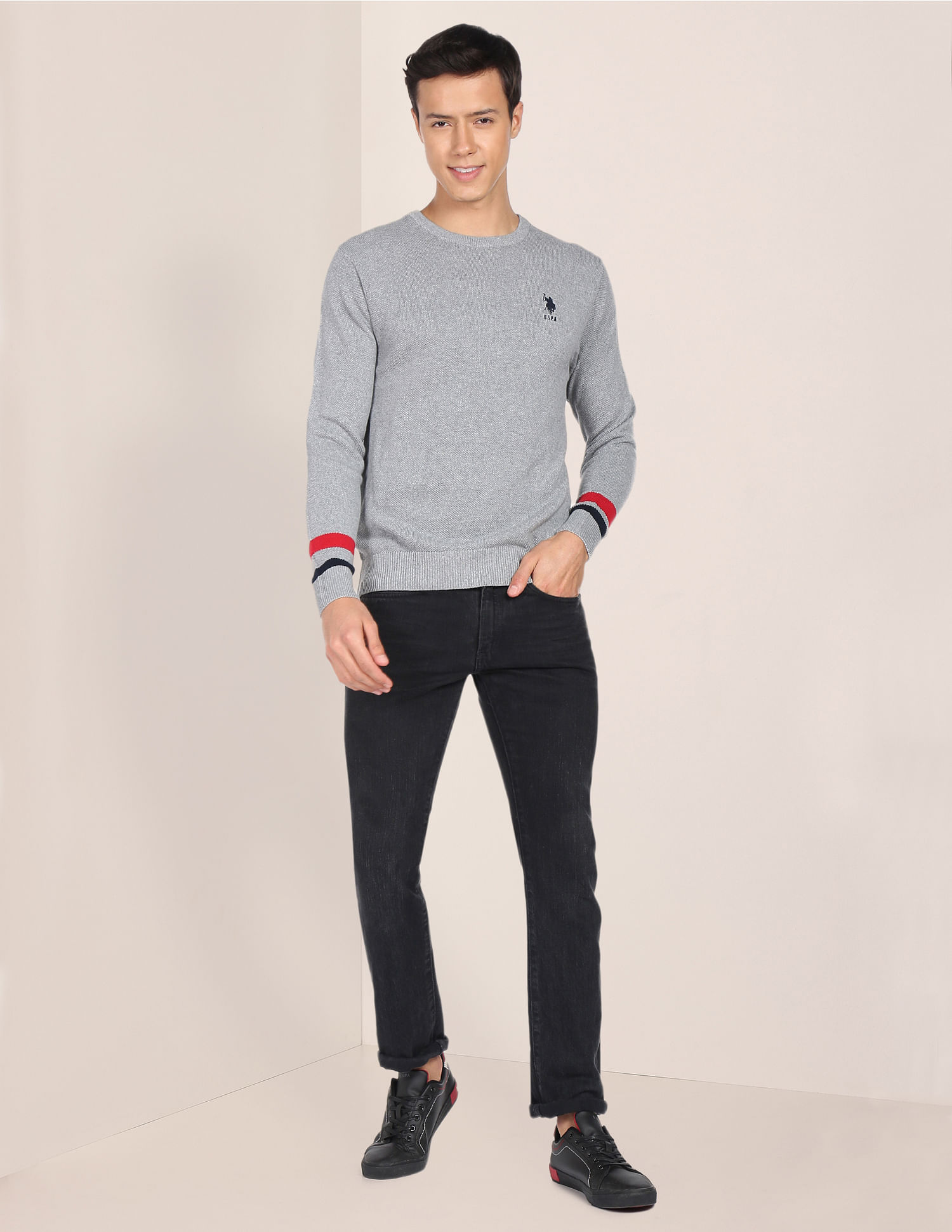 U.S. Polo Assn. Crew Neck Self Design Cotton Sweater